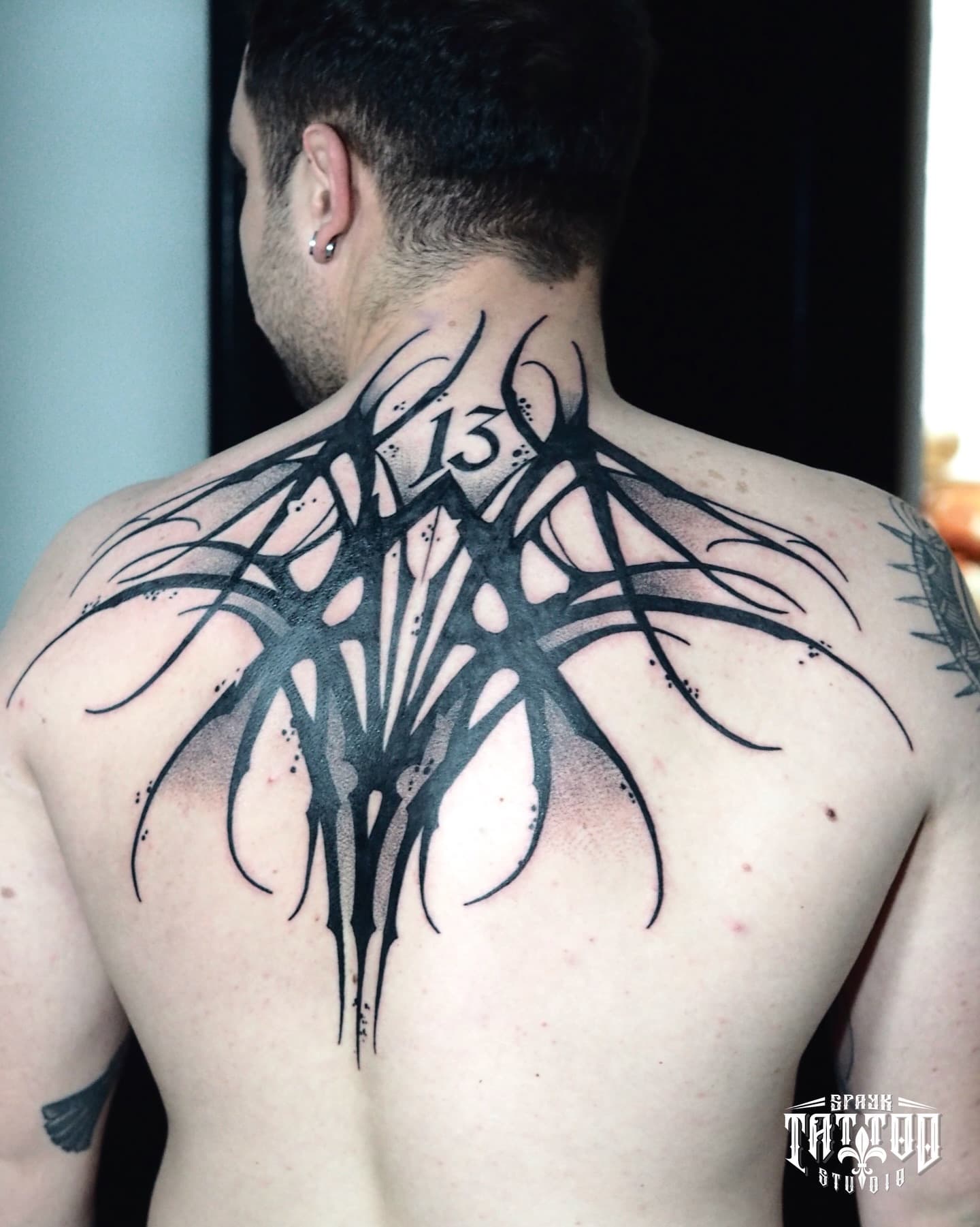 Symmetrical neo-tribal blackwork across upper back and neck