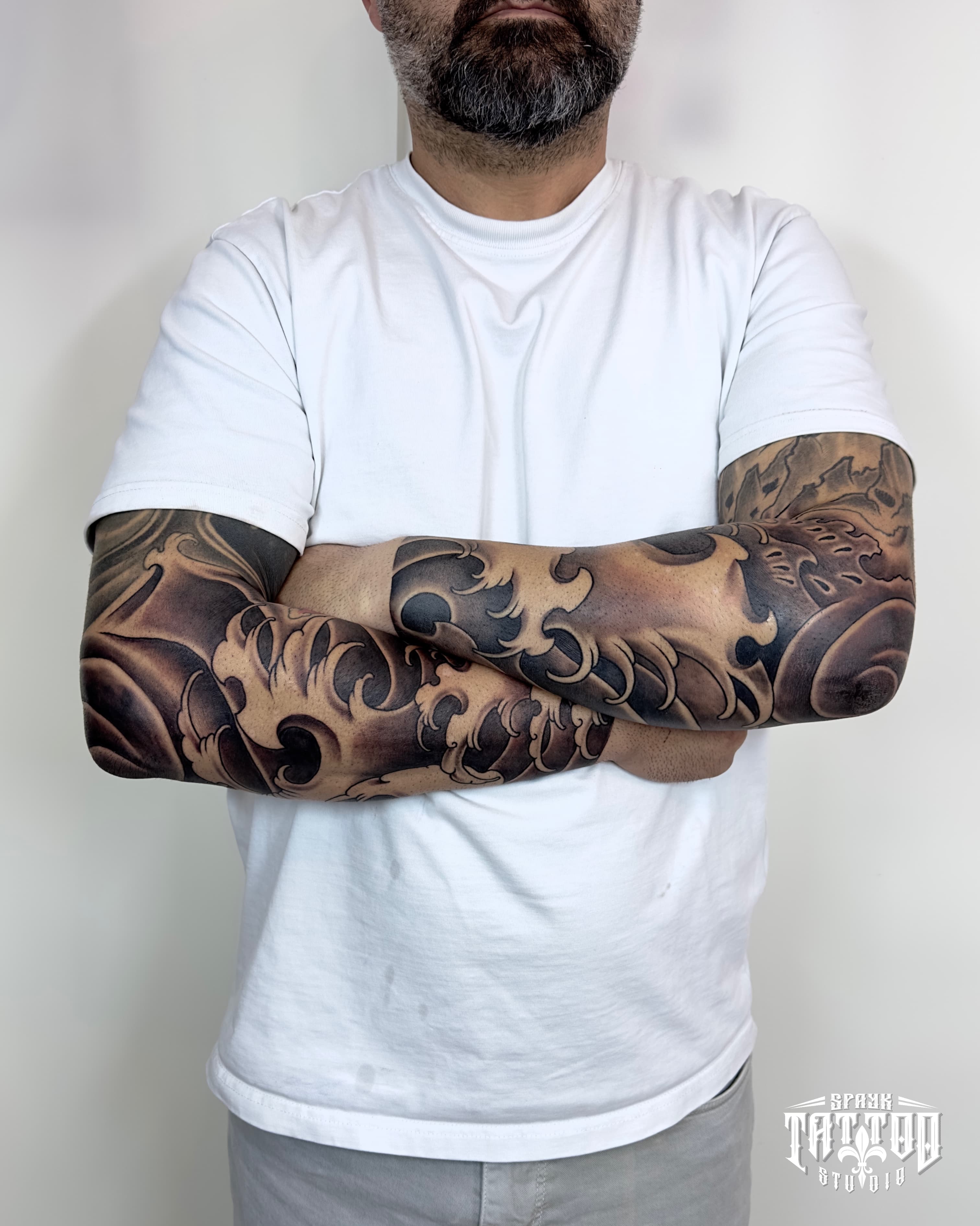 Japanese wave full sleeve tattoos in black and grey